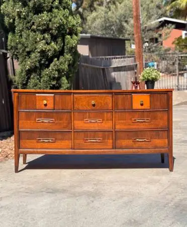 Vintage Mid Century Modern Walnut Lowboy 9 Drawer Dresser