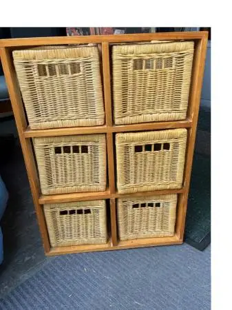 Wicker / Rattan chest of drawers  six woven storage baskets