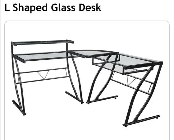 home office & gaming computer desk with glass shelf L shaped