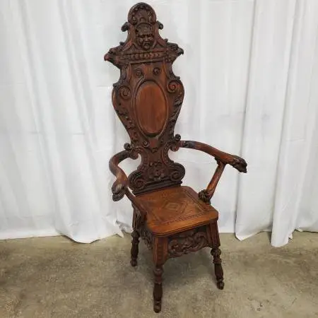 Antique Italian Baroque Handcarved Walnut Grotesque Hall Chair