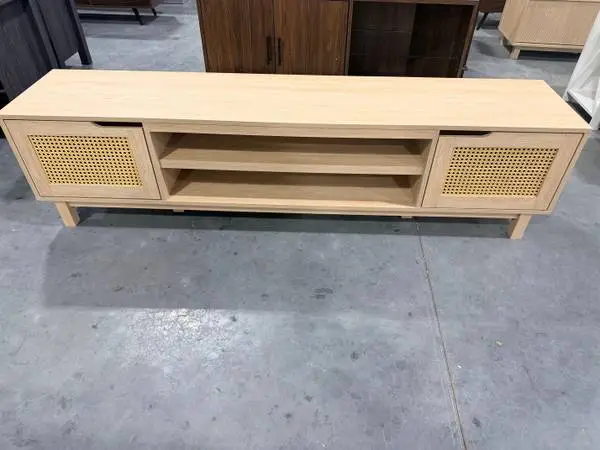 70 Modern Coastal Oak Wood TV Stand 2 Rattan Doors TVs Up To 80