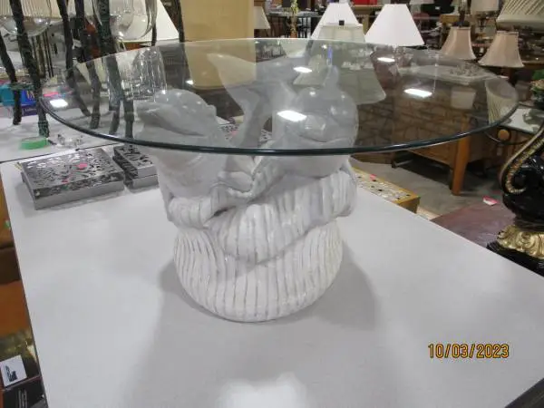 Oval Glass Topped Table with Dolphin Base #3809