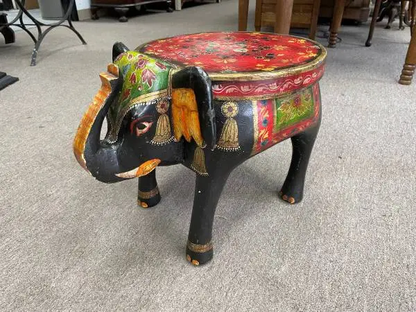 Vintage Handpainted Solid Wooden Elephant FootStool, 15 Inches Tall