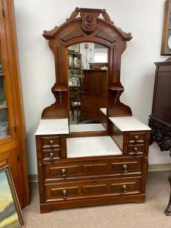 Early 1900s Antique Mirrored Vanity Dresser, Handcarved, Marble Top