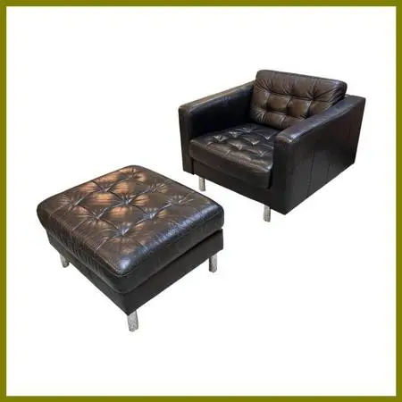 Tufted Vegan Leather Club Chair + Ottoman, Set
