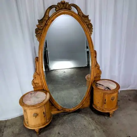 Vintage Revivalist Dressing Table w/6ft Carved Mirror Pink Marble Tops