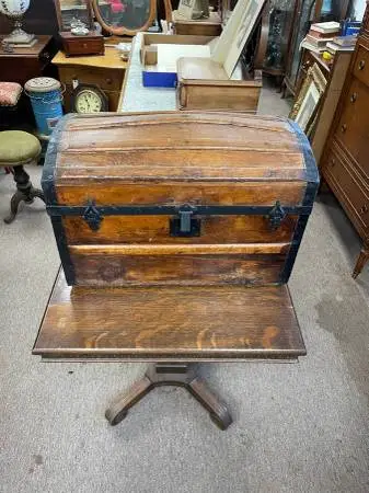 Antique Wooden Round Top Chest, Black Metal Edges, Patina