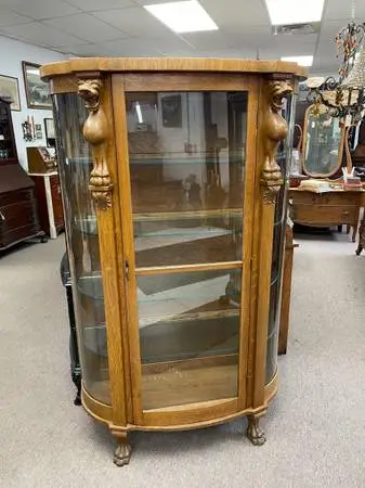 Antique Tiger Oak, Lighted Curio Cabinet, Four Glass Shelves, Carved