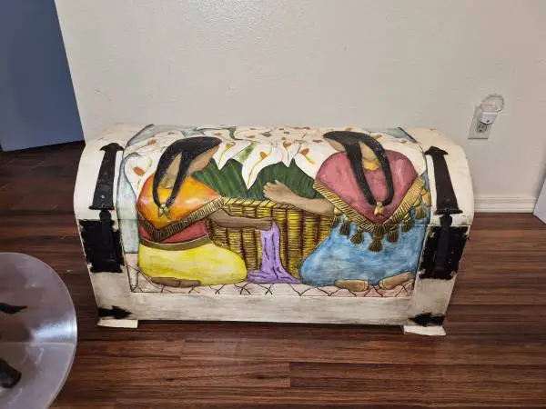 Vintage Mexican Folk Art Wooden Chest - Hand Carved Diego Rivera Style