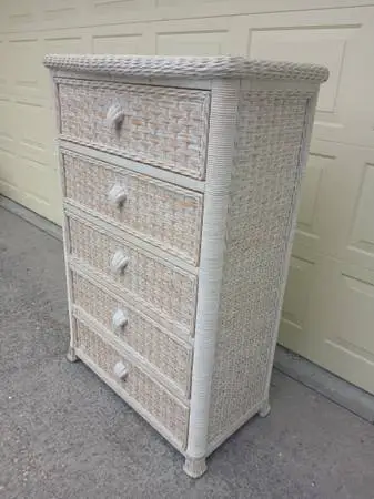 TALL NATURAL RATTAN WICKER DRESSER with SHELL HANDLES