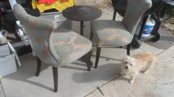 Bistro Table with 2 upholstered Chairs Good Condition