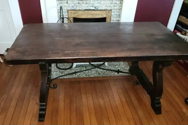 Antique Dining Trestle Table w/Iron Stretchers