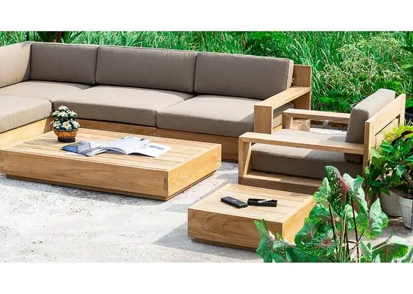 Outdoor patio teak sectional sofas and dining tables, furniture