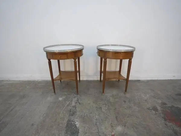 Set of 2 French Louis XVI Style Round 2-Drawer Nightstand w/ Marble T