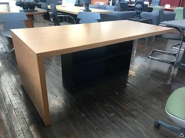 MID CENTURY EXECUTIVE DESK 36X78 WITH BLACK BOOKCASE BASE OAK TOP