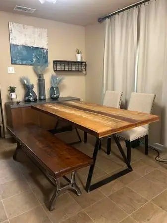 Industrial Style Distressed 6x3 Table,Bench And 2 New Chairs