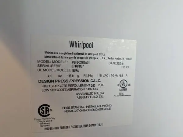 Whirlpool upright frost free freezer