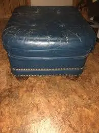 Vintage Mid Century Charles Harland Blue Leather Tufted Ottoman USA NC