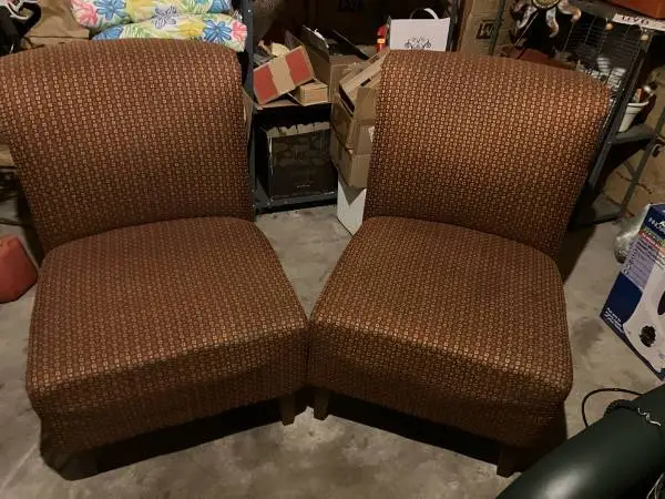 Two overstuffed retro chairs came from a church benefit sale