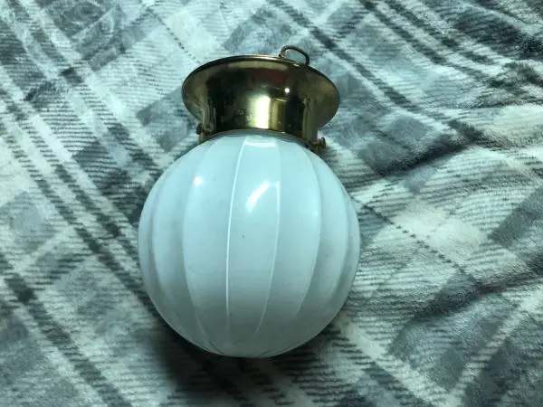 Vintage Mid Century Ribbed Milk Glass globe brass ceiling light USA