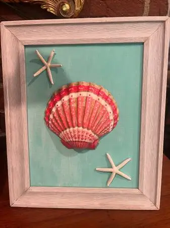 Hand Painted and Signed Large 5” Shell Art Framed