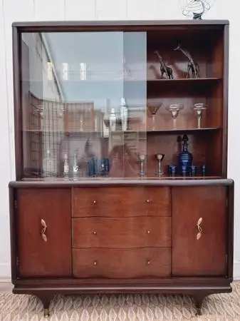 Mid century wood China cabinet, bar hutch, delivery