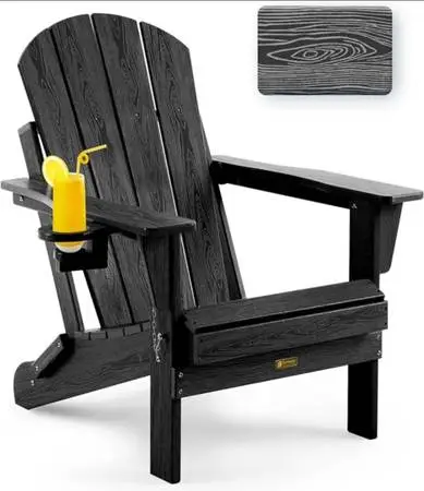 Folding Patio Chair, Wood Texture, Weather Resistant, Cup Holder, (Black)