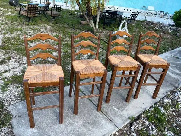 4 ladderback wood barstools rush seat + pads