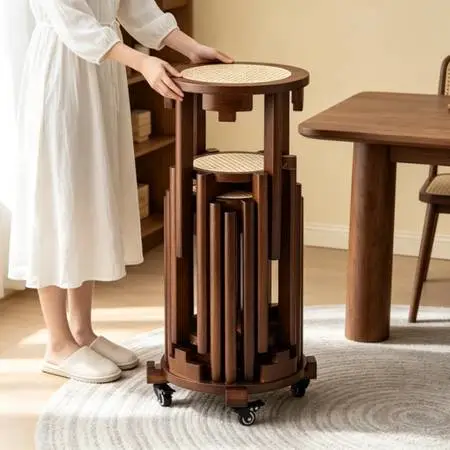 Stackable Wood Dining Stools Set of 6, Durable, Portable Storage Space Saver