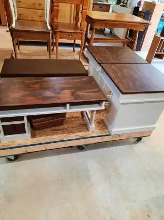 CUSTOM coffee table, 2 end tables, $295,(cushioned bench is $125 xtra)