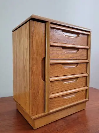Vintage 1980s Mid Century Modern Oak Dresser Top Jewelry Chest Armoire