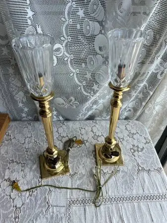 Pair Vintage Brass Hurricane Table Lamps - Crystal Tulip Shades