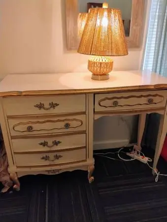 French Provincial vanity and rattan lamp included