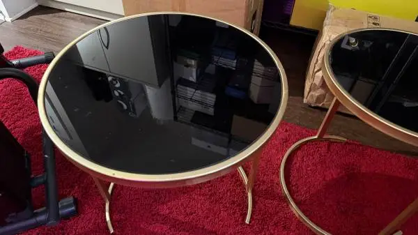 Set Gold Rim Black Glass Luxury End Tables | Price Reduced!