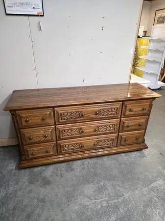 Sumter Nine Drawer Wide Dark Oak Wood Dresser #519-7