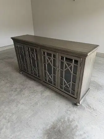 Grey Wood Sideboard with Glass Fretwork Doors