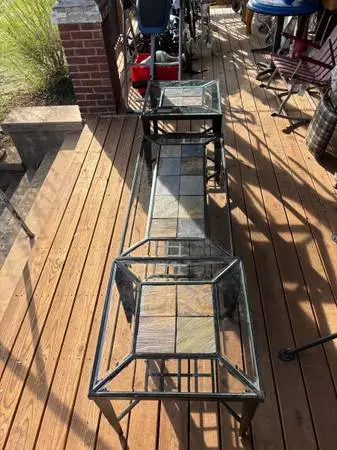 METAL,GLASS AND SLATE COFFEE TABLE AND 2 END TABLES