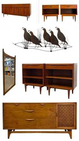 Vintage Mid Century Modern Credenza Dresser Sofa Table Rug Desk Art Painting (Bi