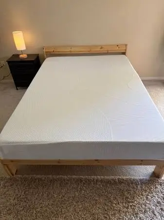 New Full Size Ikea Solid Pine Bed Frame And New Memory Foam Mattress