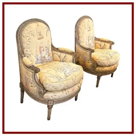 19th Century Delmar Chinoiserie Printed Bergere Chairs, Pair