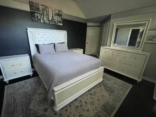 Queen bedroom set with nightstands and lighted mirror dresser