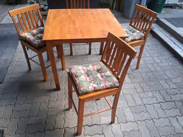 * -TALL- , 5PC, ALL WOOD, WALNUT FIN, DINE/KITCHEN TABLE + CHAIR SET *