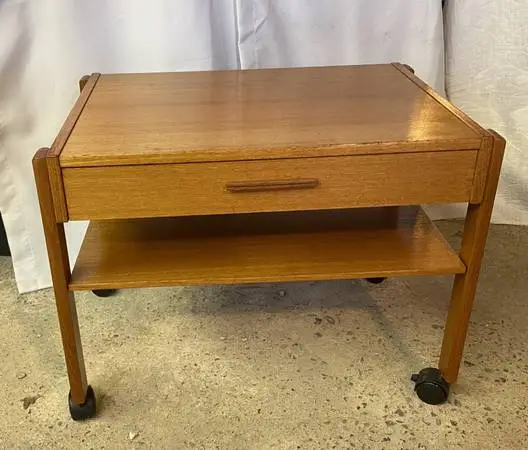 Teak Mid-Century Rolling Table with One Drawer