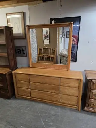 Nine Drawer Wide Oak Wood Dresser with Mirror #529-12