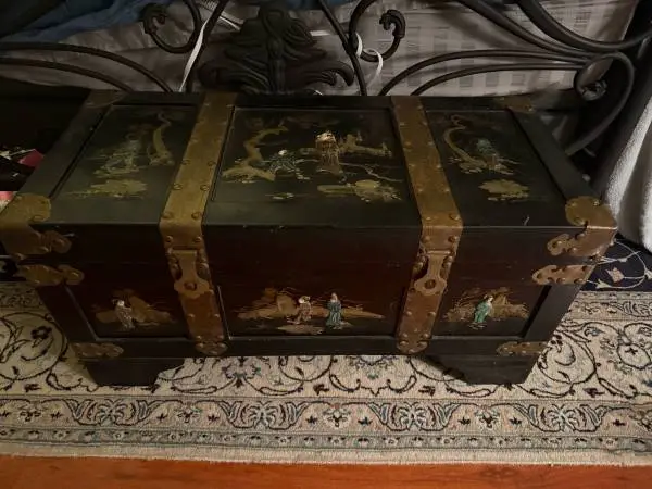 Solid wood Asian style chest with raised mother of pearl and stone inlay and hea