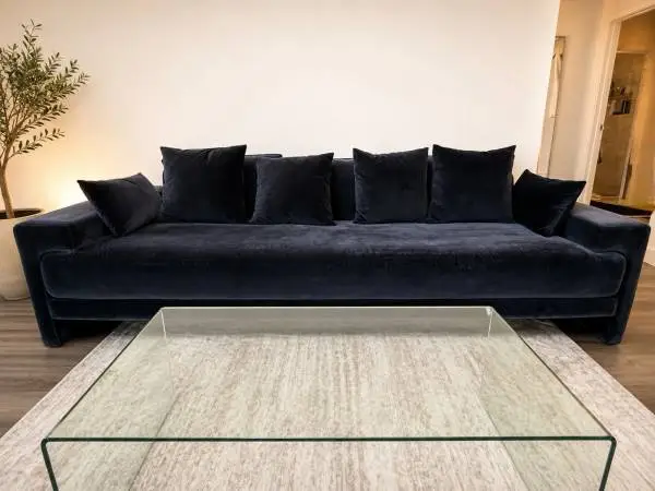 CB2 Faible 99” Deep Depth Sofa – Navy Blue Velvet + Tons of Extra Pillows