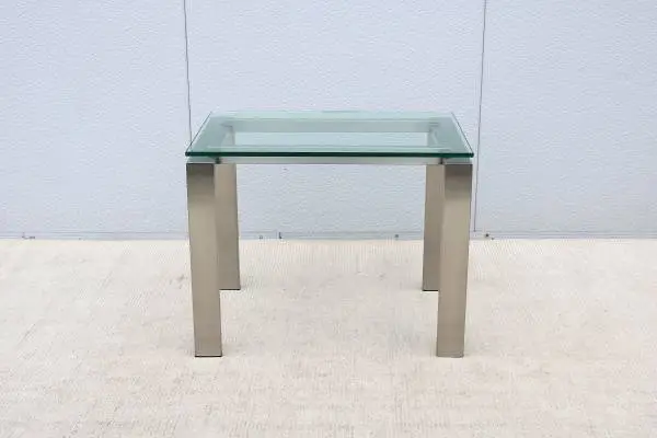 1980s Custom Made Brushed Stainless Steel & Clear Glass Side Table