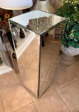Mid - century square beveled mirror pedestal stand.