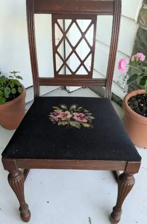🔥 Antique Needlepoint Seat Side Chair/ Brown Wood and Floral Fabric