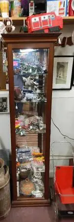 2 Display Cabinets Dark wood & Glass - Side Loading & one Light Wood